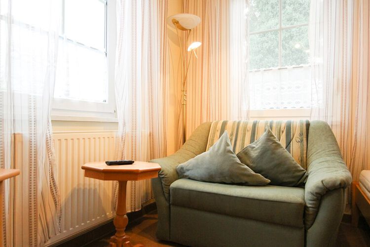 Wohnbereich mit 2 Fenstern, Schlafsessel und Couchtisch, Heizkoerper