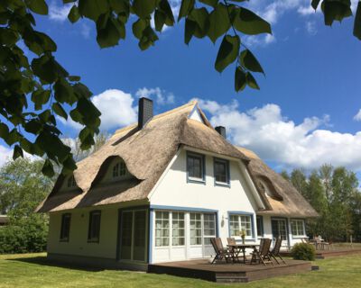 Hintere Hausansicht mit Terrasse vom Ferienhaus und Terrasse von der Nachbarferienwohnung, Garten und Baeume