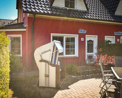 Möblierte Terrasse mit Garten und Steingrill im Ferienhaus Falke, Zingst – ideal für Urlaub mit Hund