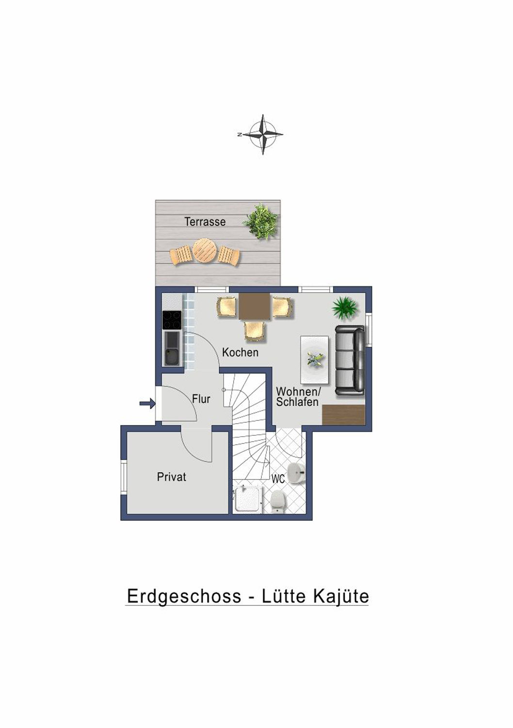 Grundriss von der kleinen Ferienwohnung, Kuechenzeile im Wohn- und Schlafbereich, separates Duschbad