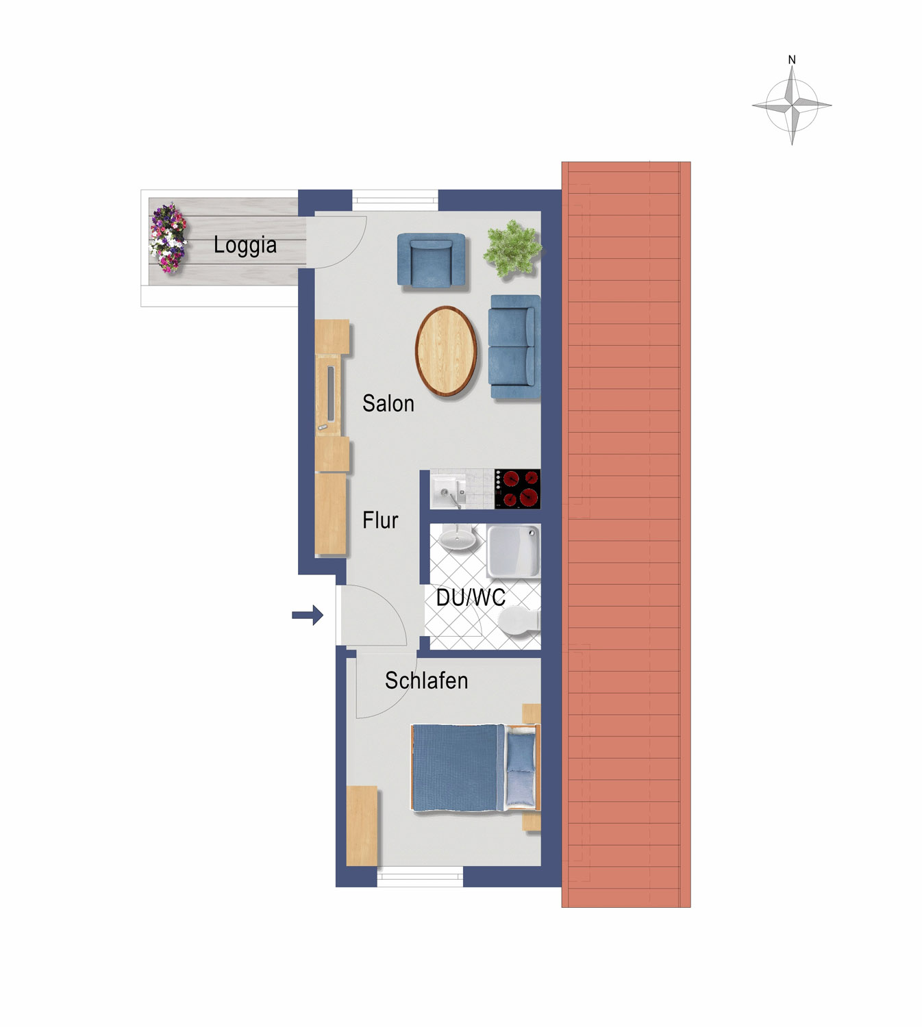 Der Grundriss zeigt den eigenständigen Schlafbereich, ein separates Bad, einen Wohnbereich mit angrenzendem Balkon