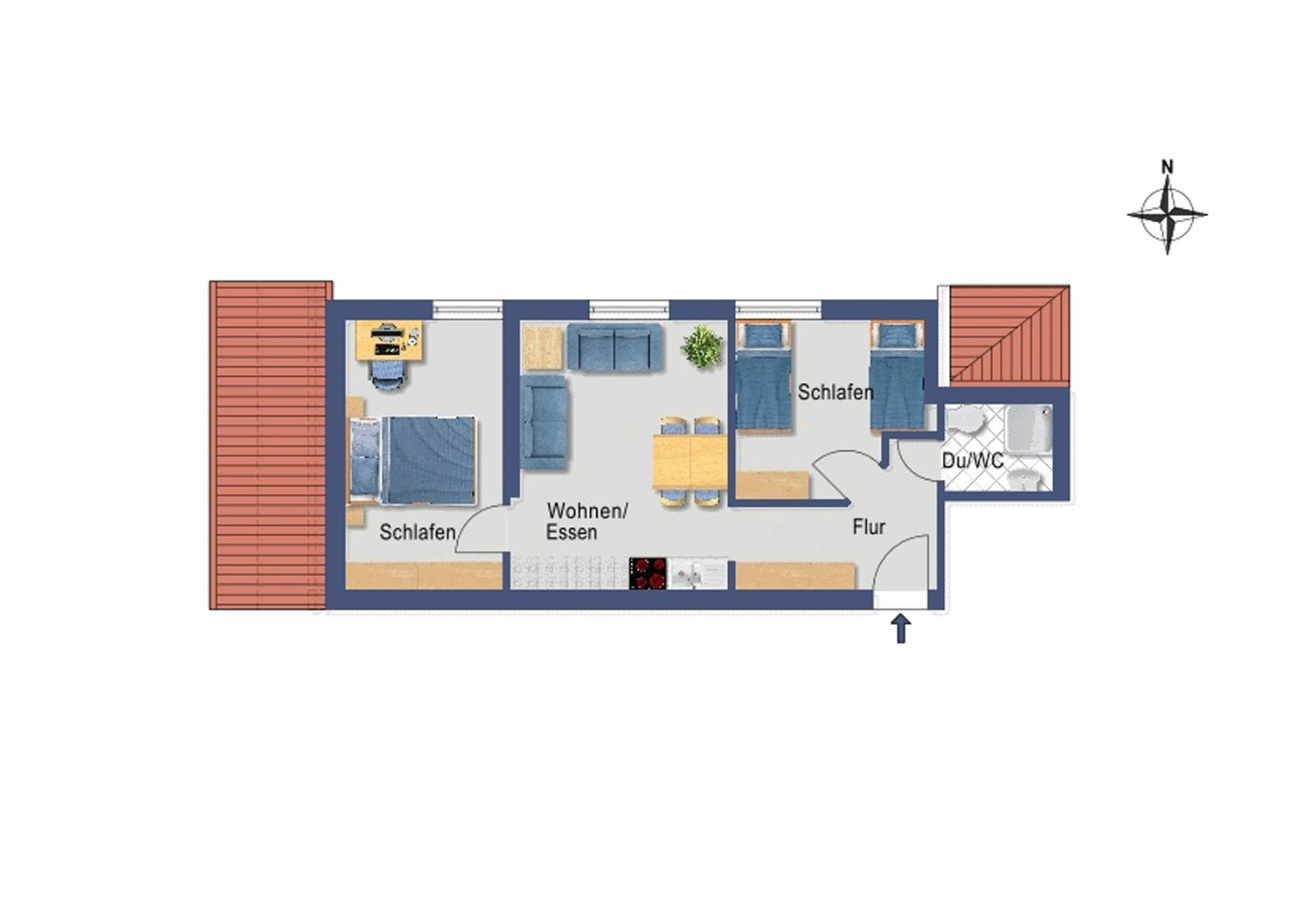 Der Grundriss zeigt 2 separate Schlafzimmer, 1 Wohn-Essbereich, 1 Bad sowie kleinen Flur